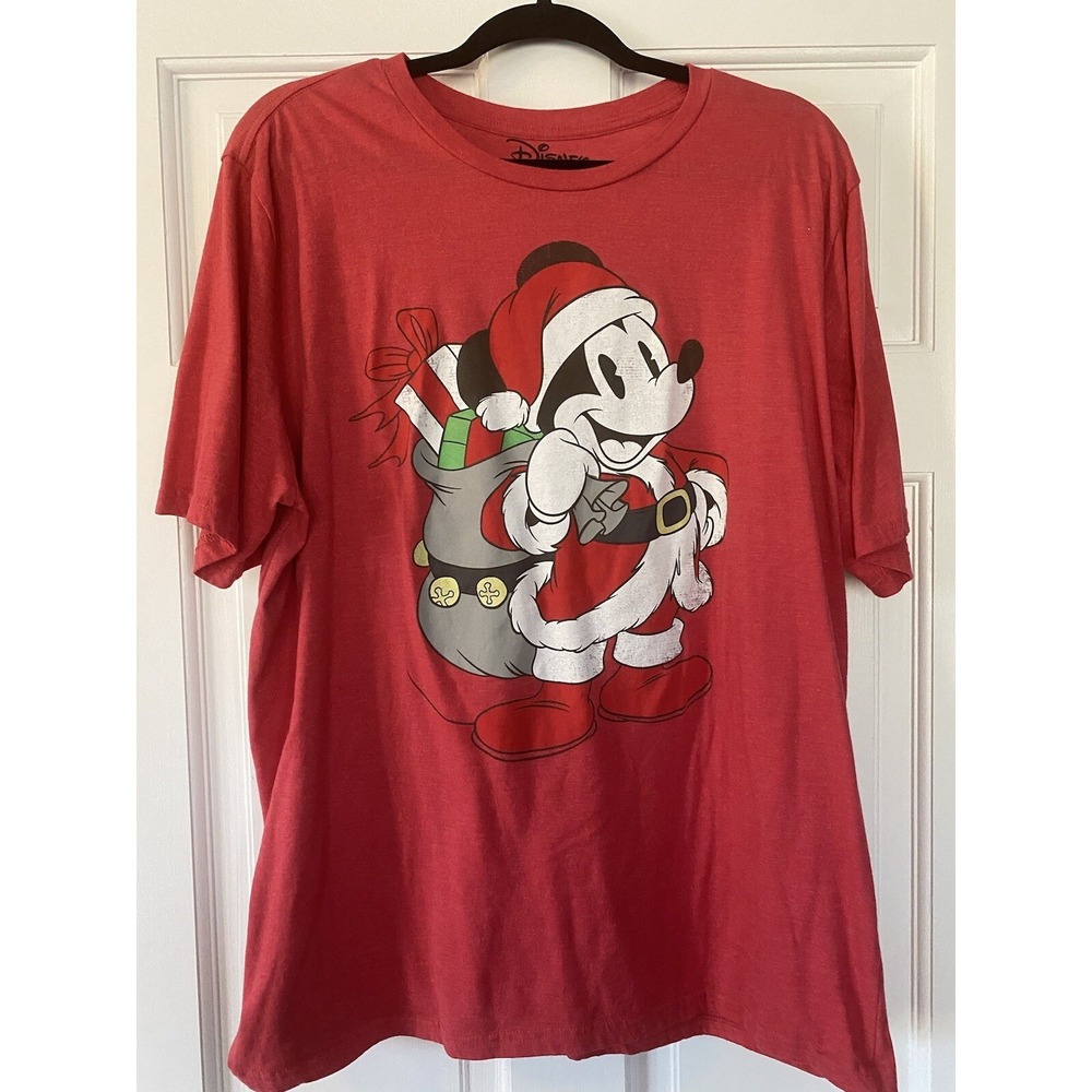 Disney Women's T-Shirt SZ 2 XL Red Mickey Mouse Santa Claus Short Sleeve